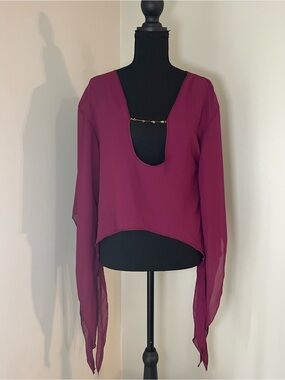Women's Deep Plum Long-Sleeve Blouse with Front Cutout and Crystal Accent